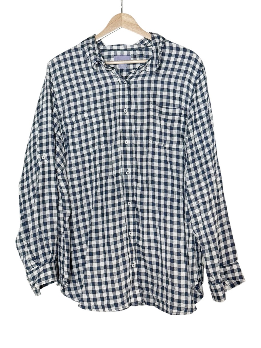 Laura Scott Gingham Plaid Navy Blue Button Up Shirt Size 1X Business Casual